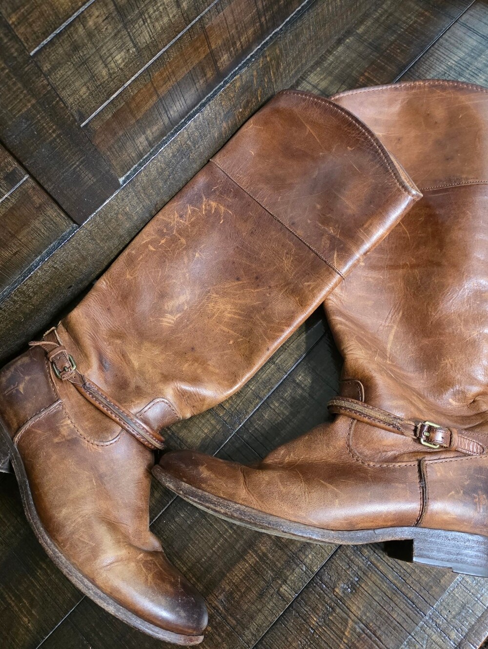 Frye Melissa Seam Boot Tall Equestrian‎ Cognac Distressed Worn Leather Womens 7